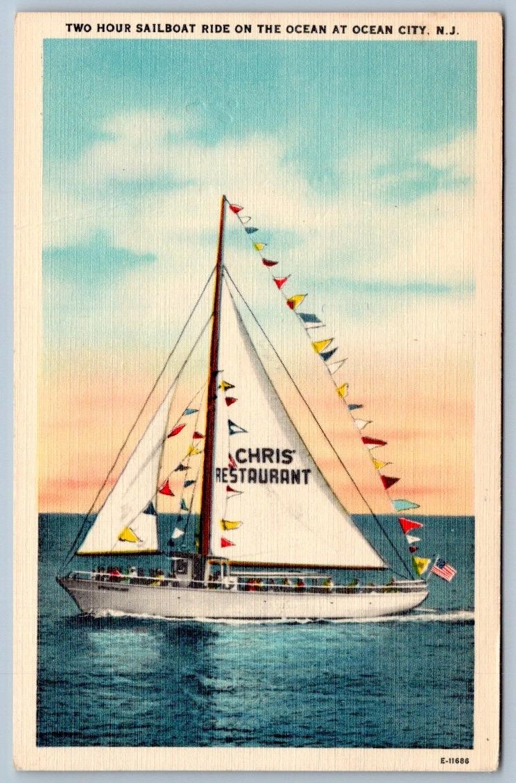 1940-60's CHRIS' RESTAURANT TWO HOUR SAILBOAT RIDE OCEAN CITY NJ POSTCARD
