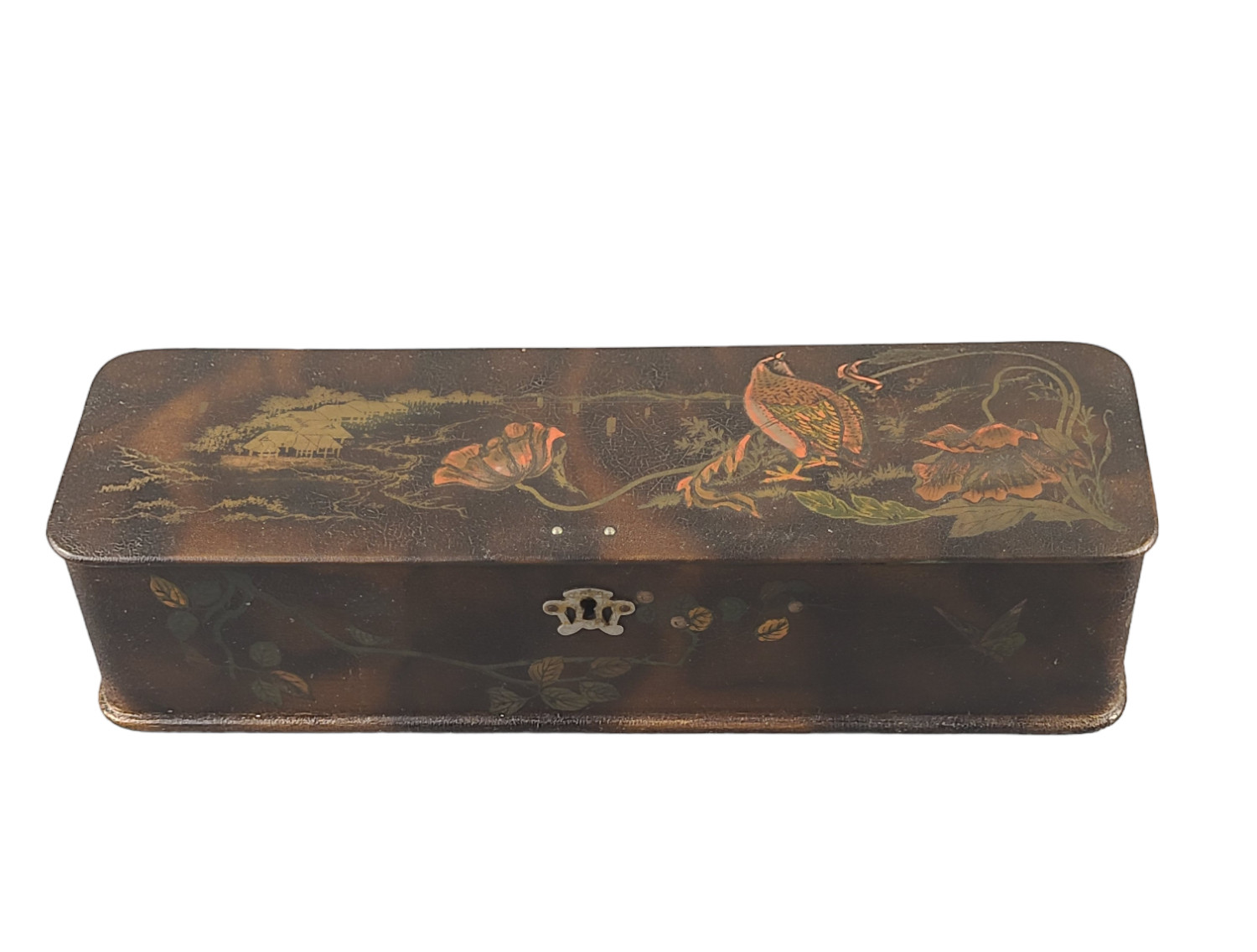 Antique Victorian French Paper Mache Painted Lacquered Poppies Bird Glove Box Antique Victorian French Paper Mache Painted Lacquered Poppies Bird Glove Box