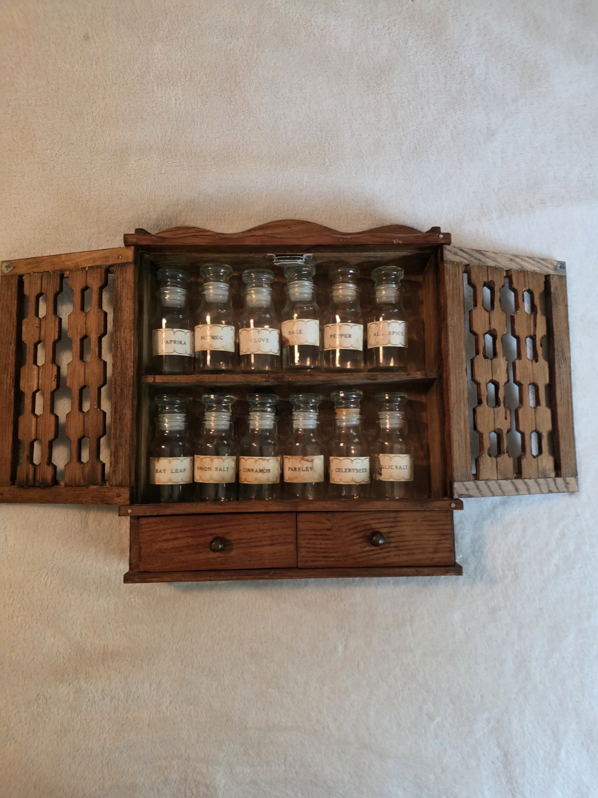 Vintage MCM Apothecary Wood Hanging Spice Rack Cabinet Cottage Doors And Drawers