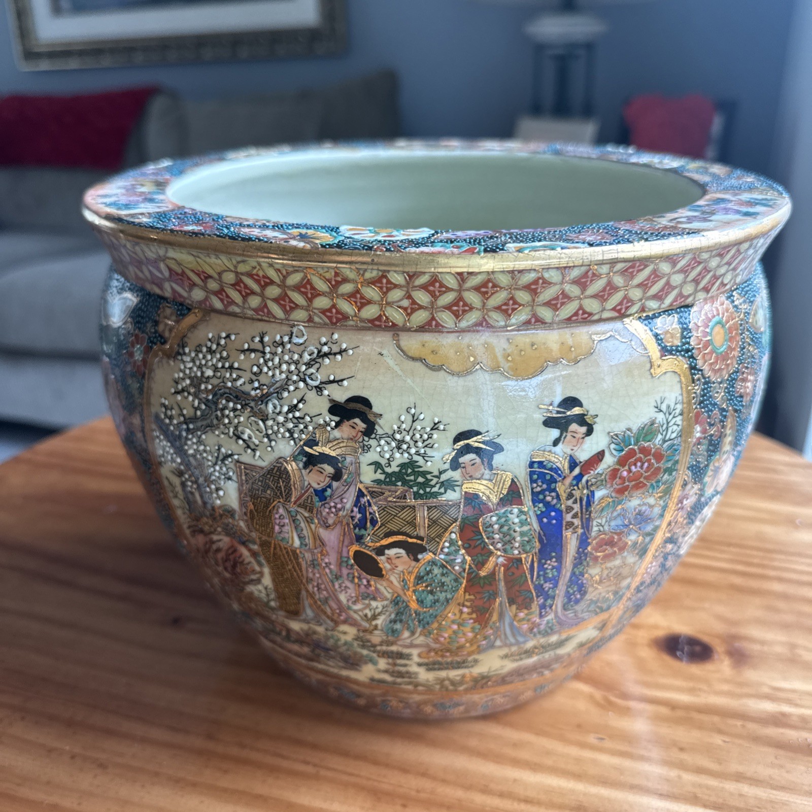 Large Japanese Satsuma Koi Fish Bowl Garden Pot Planter Mid Century 10 1/2 X 8