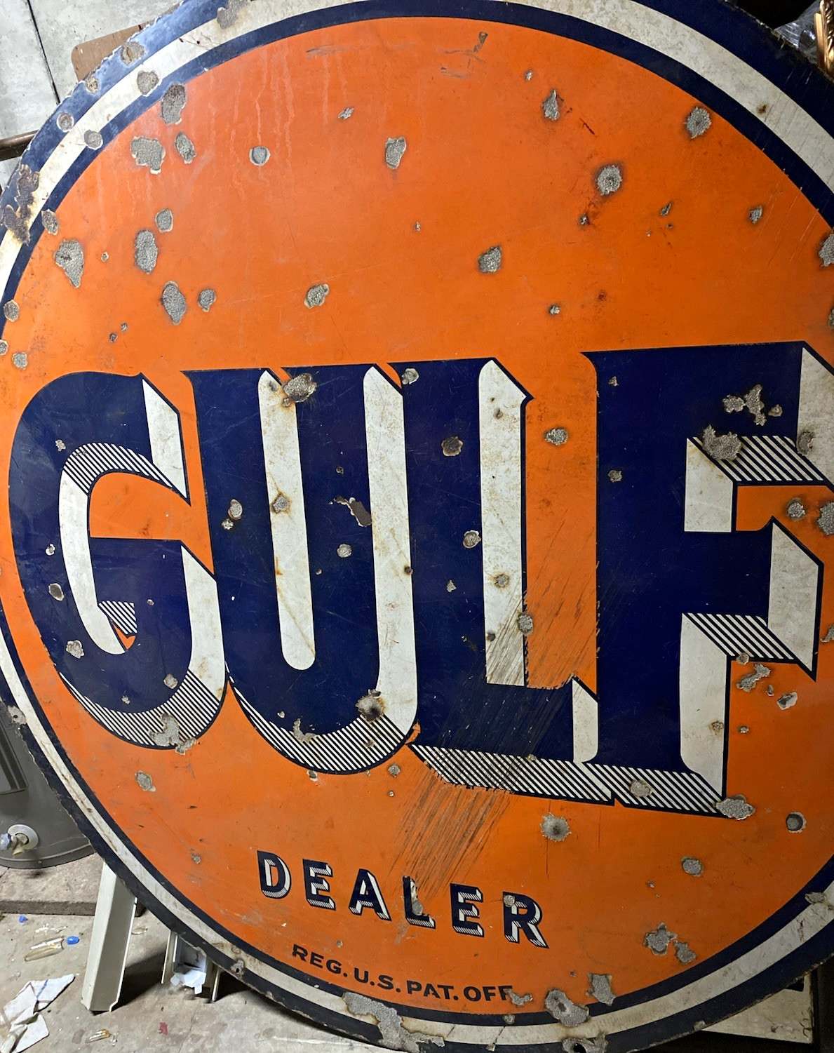 Gulf Dealer vintage double sided 66inch Round Gas & Oil AD Sign Gulf Dealer vintage double sided 66inch Round Gas & Oil AD Sign