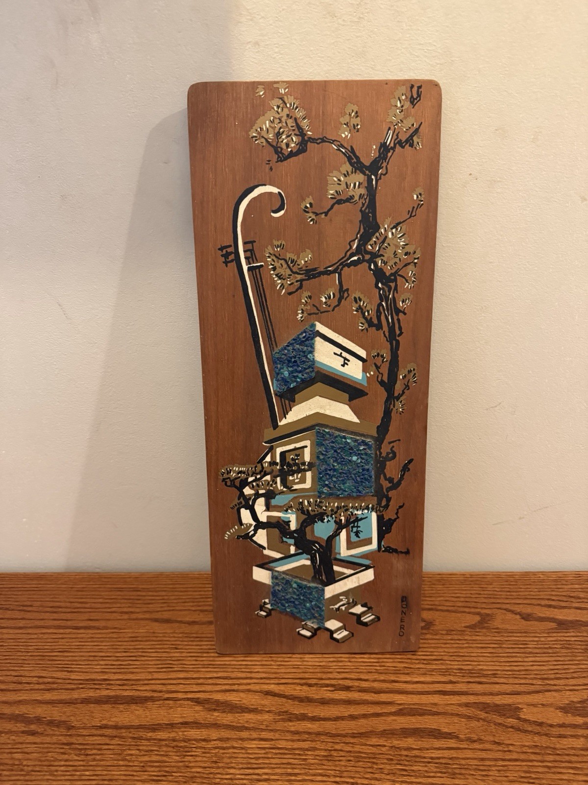 Vintage Jonero MCM Popcorn Art Wall Plaque Japanese Pagoda Illinois Moulding