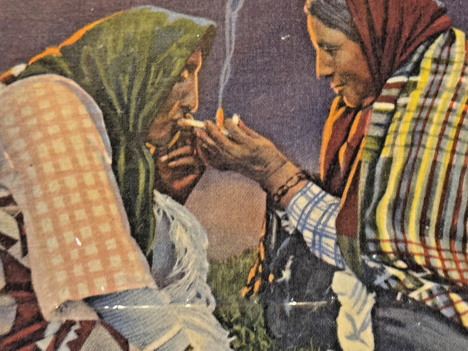 Rare Linen Postcard Blackfeet Native American Women Lighting up Glacier Park MT