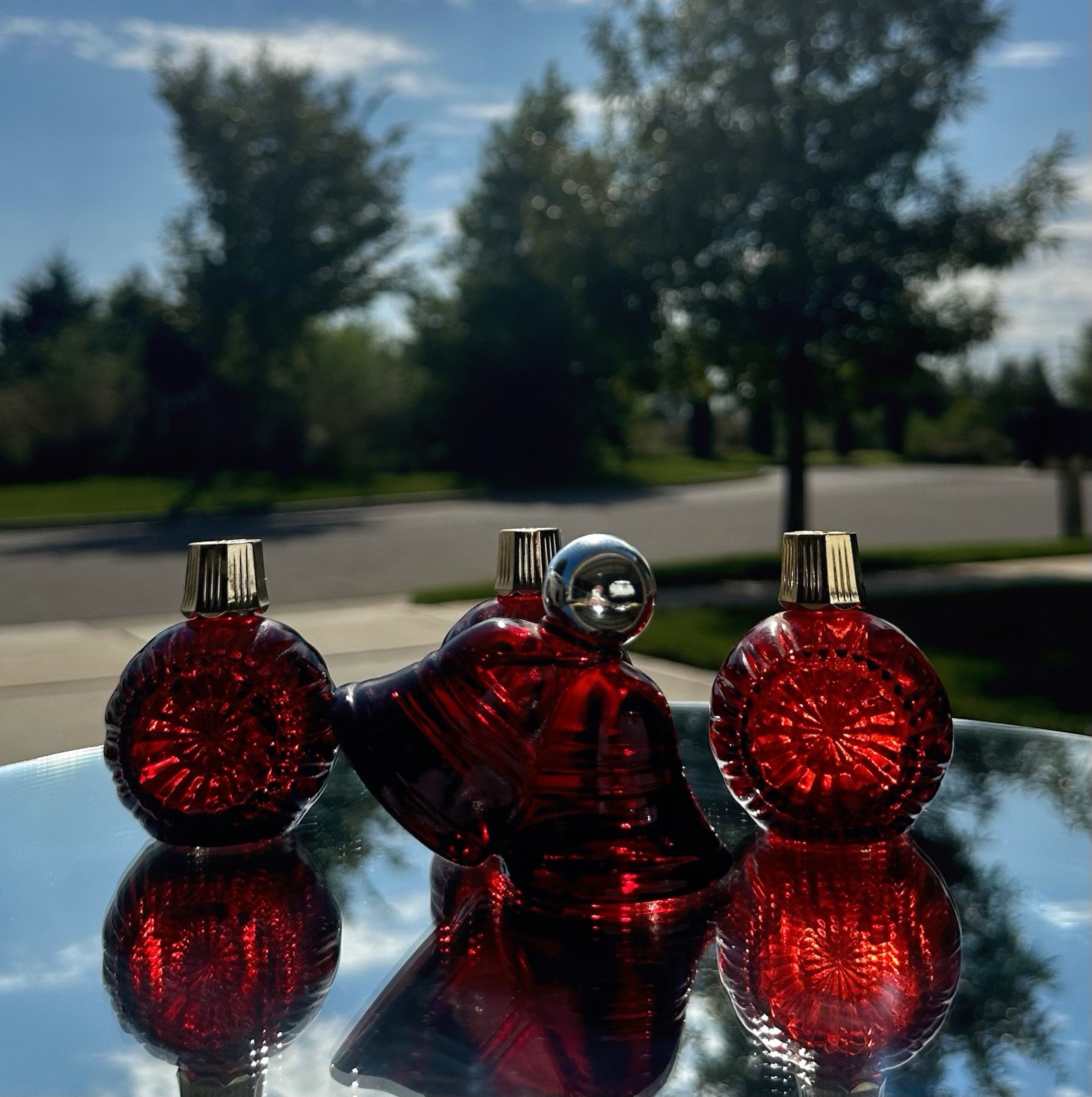 VTG Set Of Four Ruby Red Avon Parfume Bottles-3 Ornaments-1 Bells Bottle-Holiday