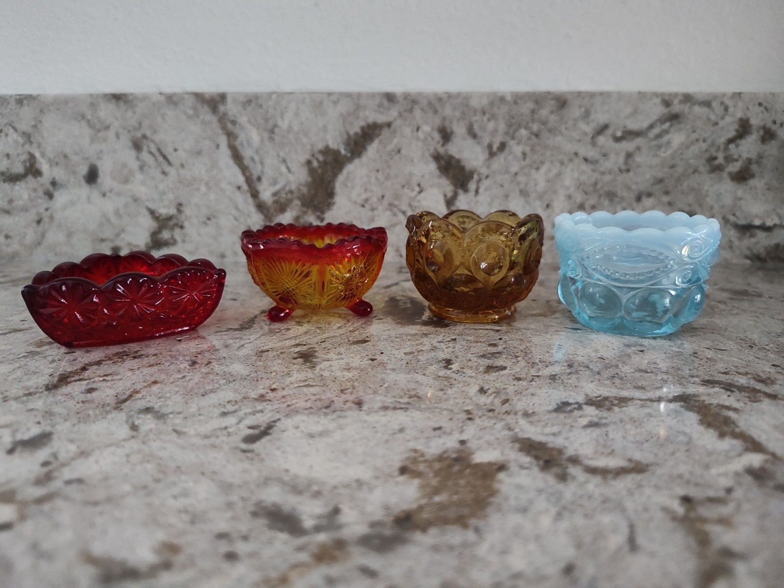 Four LG Wright Open Salt Cellars, Dips, Dishes, Thistle Daisy & Button Eyewinker Four LG Wright Open Salt Cellars, Dips, Dishes, Thistle Daisy & Button Eyewinker