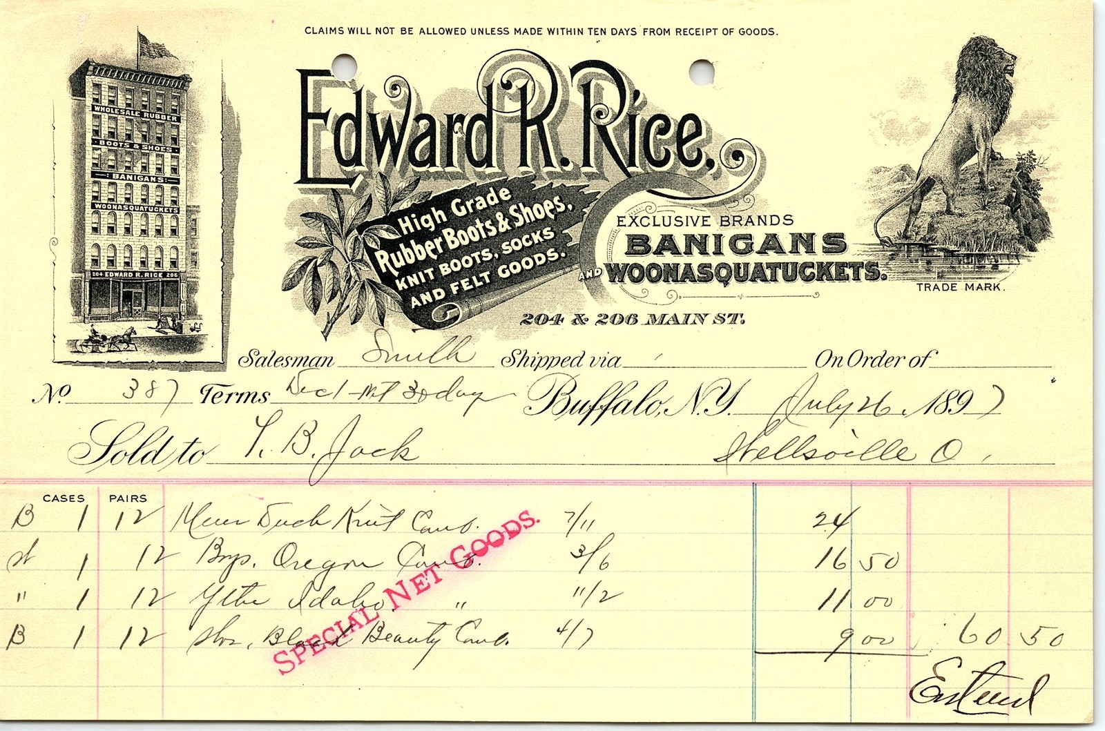 1897 Edward R. Rice Buffalo NY Boots & Shoes Billhead 1897 Edward R. Rice Buffalo NY Boots & Shoes Billhead