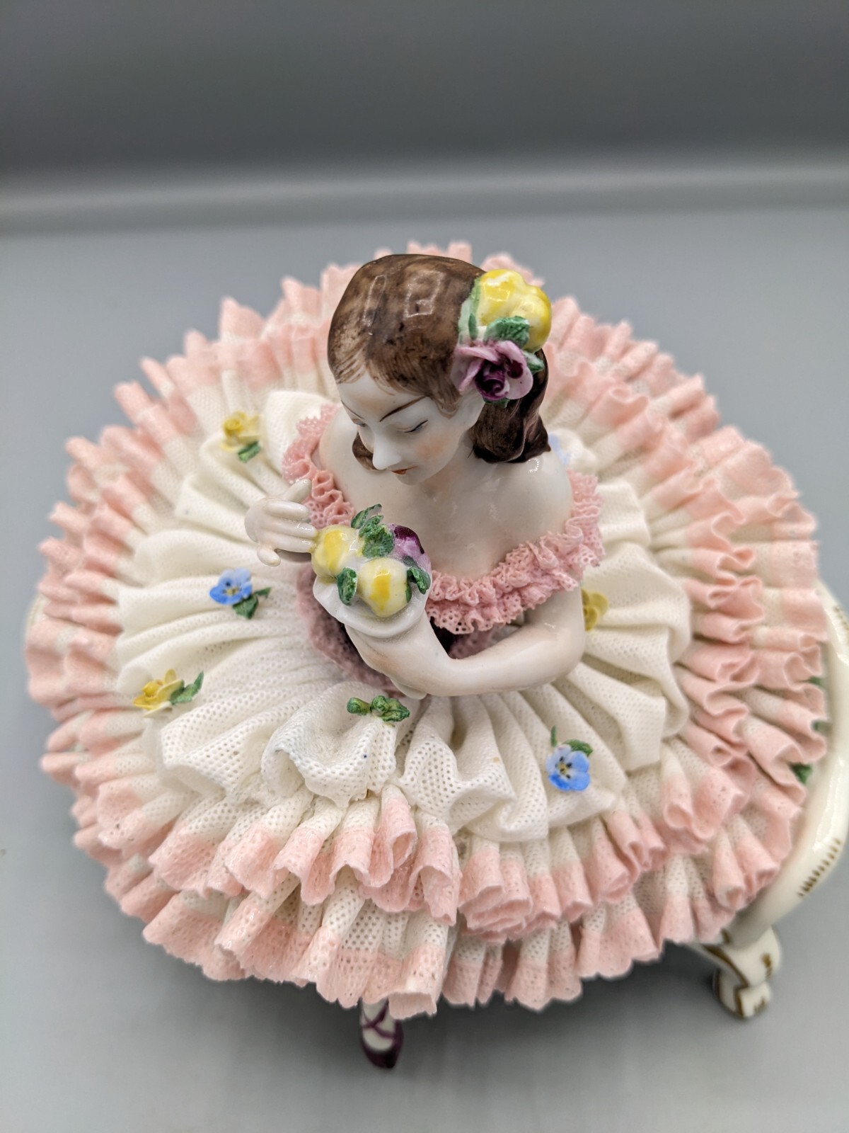 Large Vintage German Volkstedt Sitting Ballerina Lace Porcelain Figurine 6.5 Large Vintage German Volkstedt Sitting Ballerina Lace Porcelain Figurine 6.5