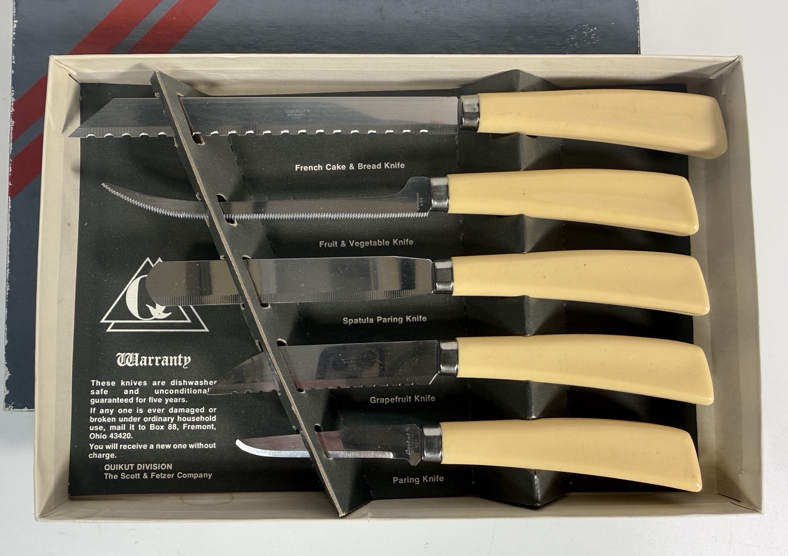 Vintage Quikut 5-Pc Stainless Knife Set NOS Ivory USA Orig Box Scott Fetzer
