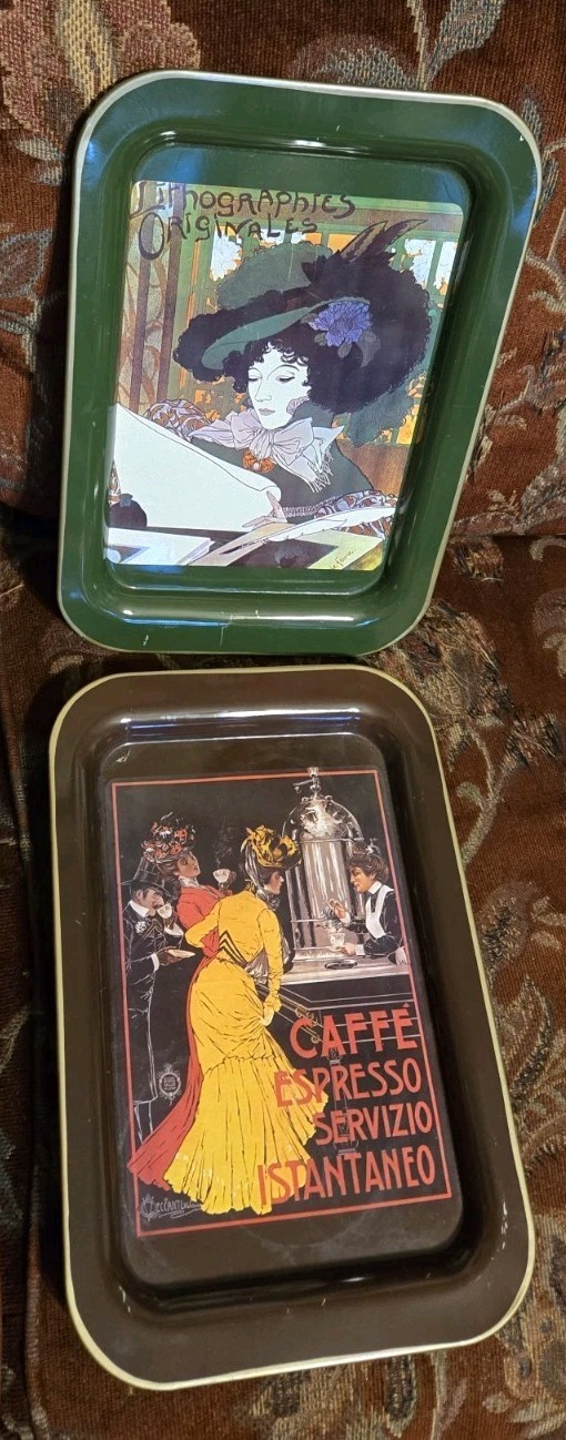 2 Vtg Nevco 1573 BF Tin Trays  Caffe  Espresso Art Nouveau Art 14 X 9.25