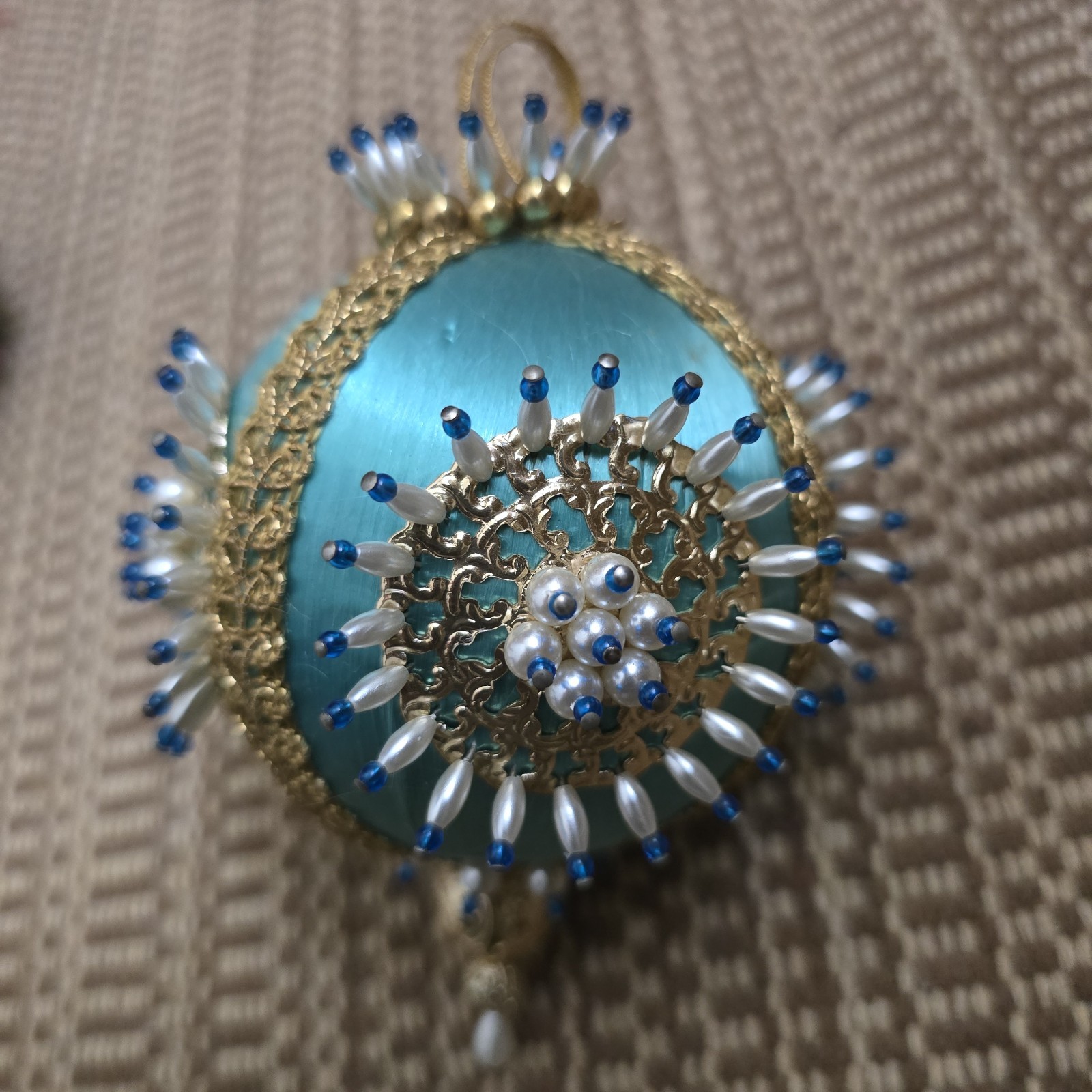 VTG Hand Made Satin Sequined Push Pin Beaded Tourquise Christmas Ornament