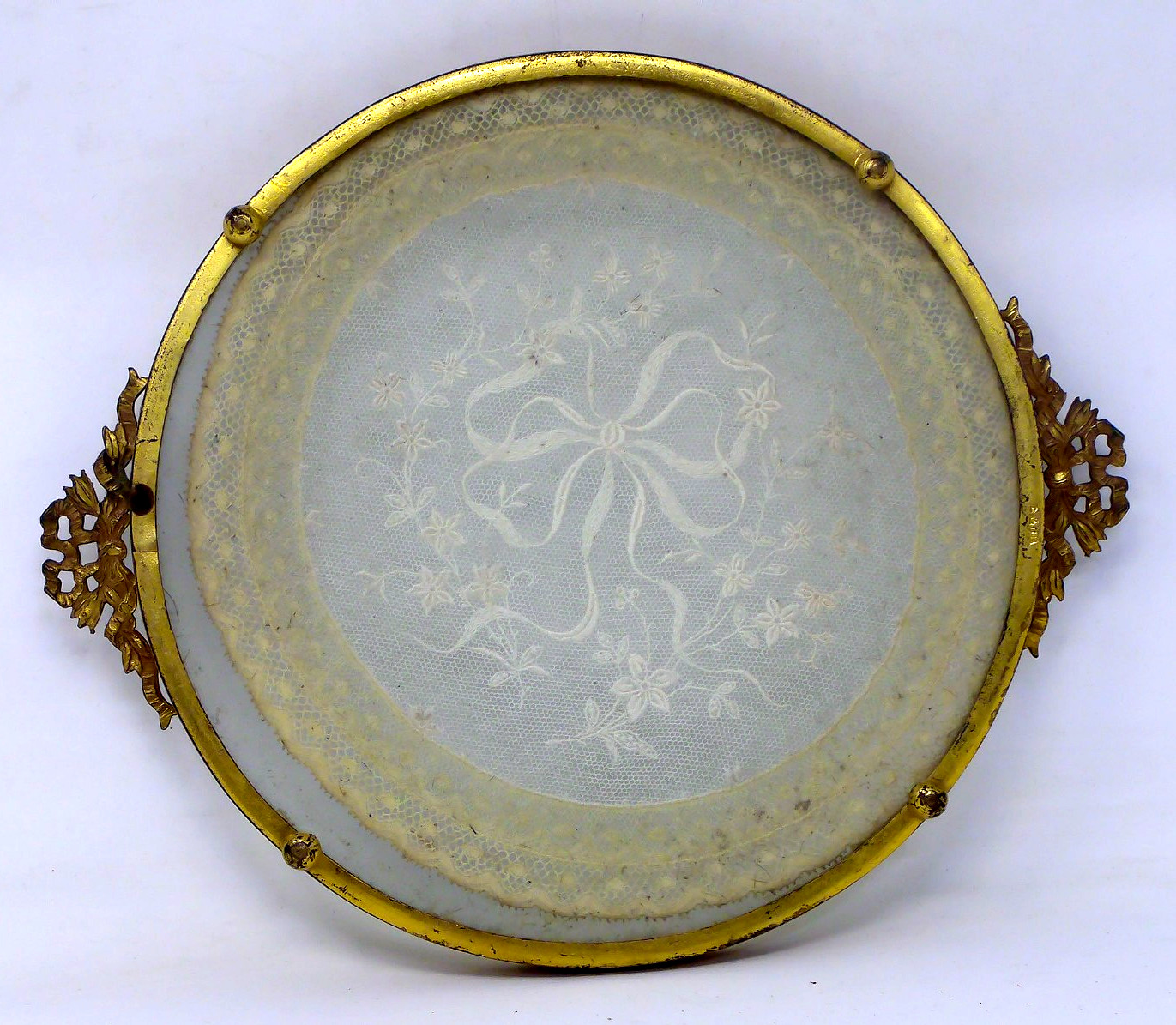 Vintage Round Brass and Glass Vanity Tray With Embroidered Lace Insert 8\