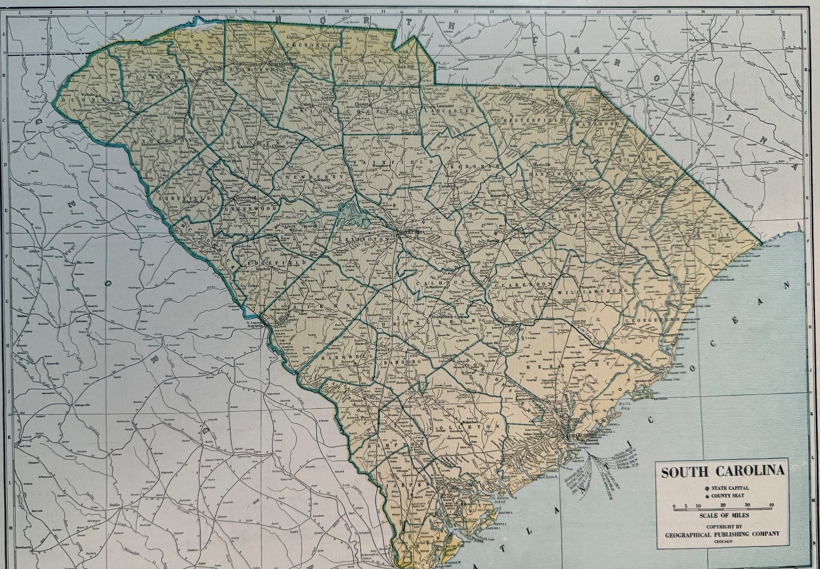 Vintage 1945 WORLD WAR 2 ERA SOUTH CAROLINA MAP  Estate Sale Find