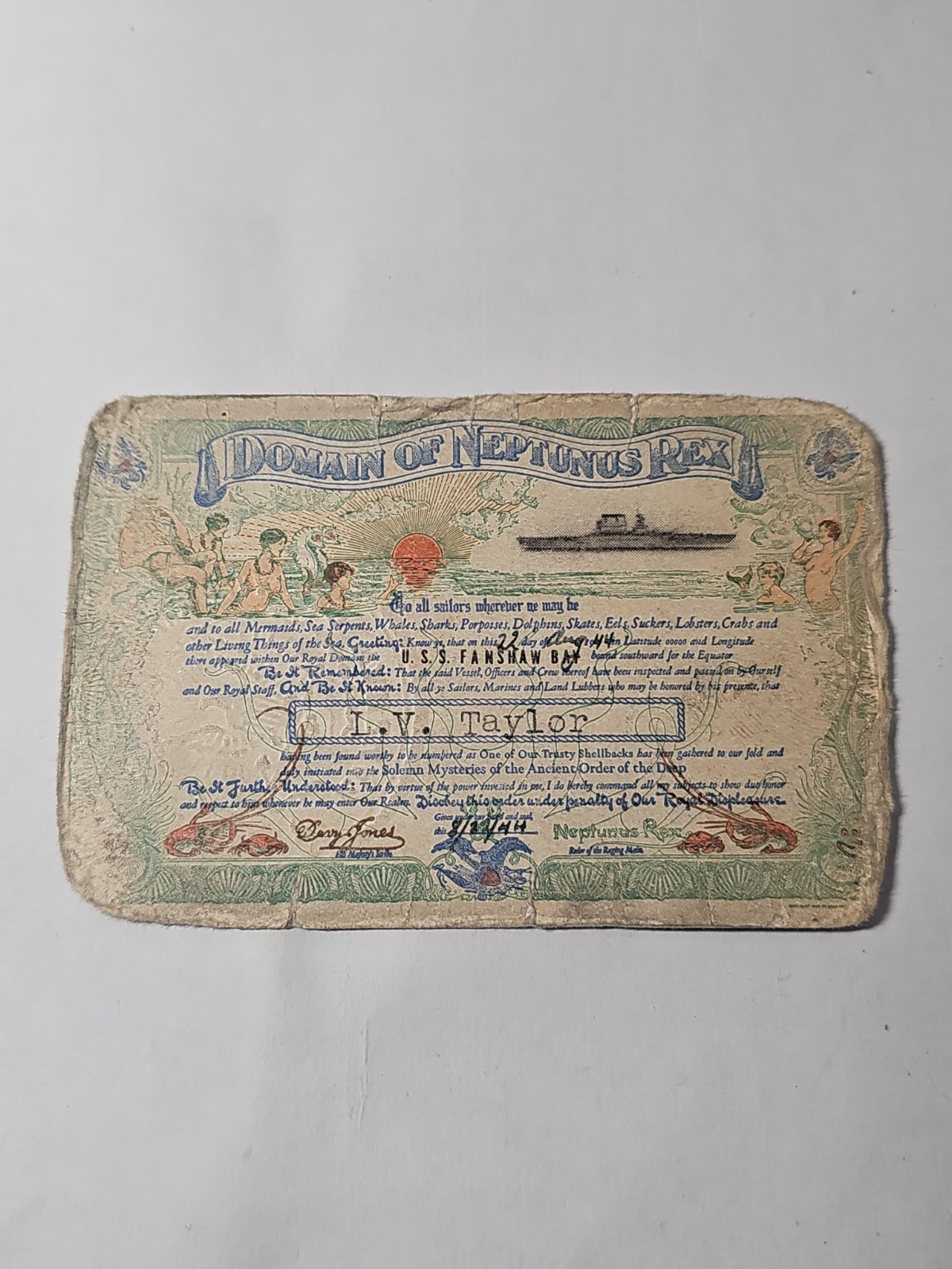 vtg 1944 Navy Domain Neptune Rex U.S.S. Fanshaw Bay vtg 1944 Navy Domain Neptune Rex U.S.S. Fanshaw Bay
