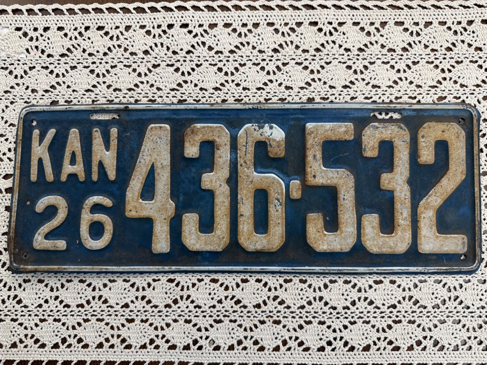 1926 Kansas License Plate # 436-532.  Blue on White Original Paint