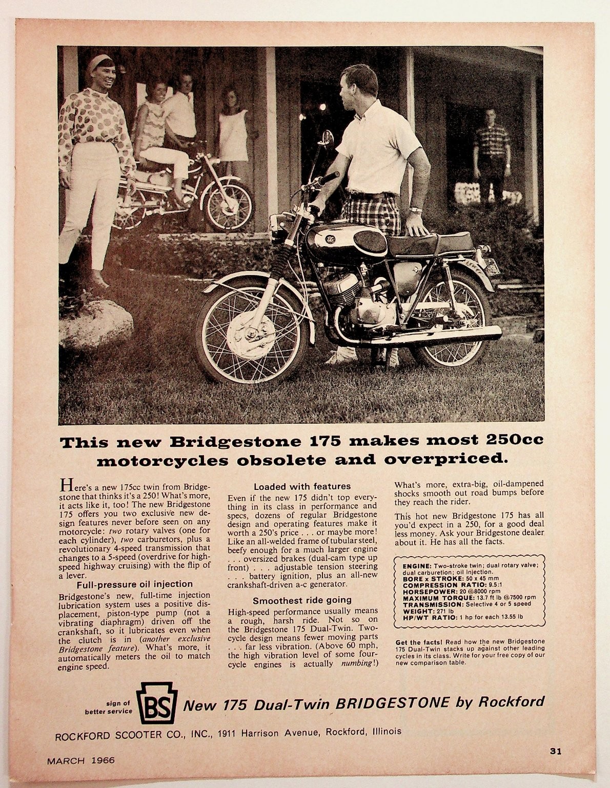 1966 Bridgestone 175 Dual-Twin Motorcycle Vintage Print Ad Rockford 1966 Bridgestone 175 Dual-Twin Motorcycle Vintage Print Ad Rockford