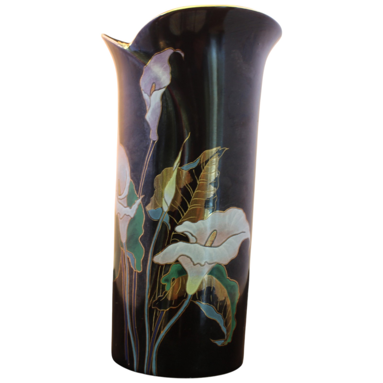 Vintage Yamaji Japan Black Porcelain Vase Calla Lily Floral Gold Trim 7.25”