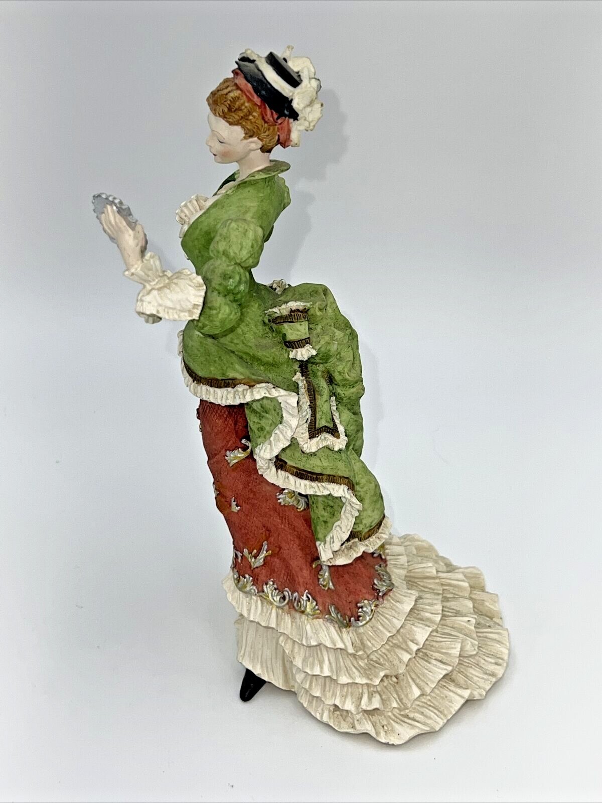 Victorian Lady Woman Looking In The Mirror Ceramic Figurine Green Dress Hat Victorian Lady Woman Looking In The Mirror Ceramic Figurine Green Dress Hat