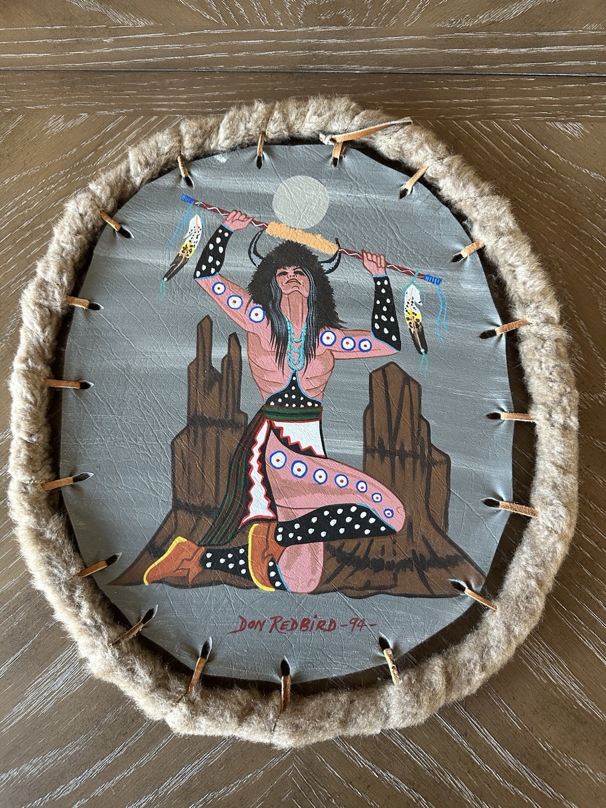 Vintage Native American Art, Set of 2 Buffalo shields on leather by Don Redbird