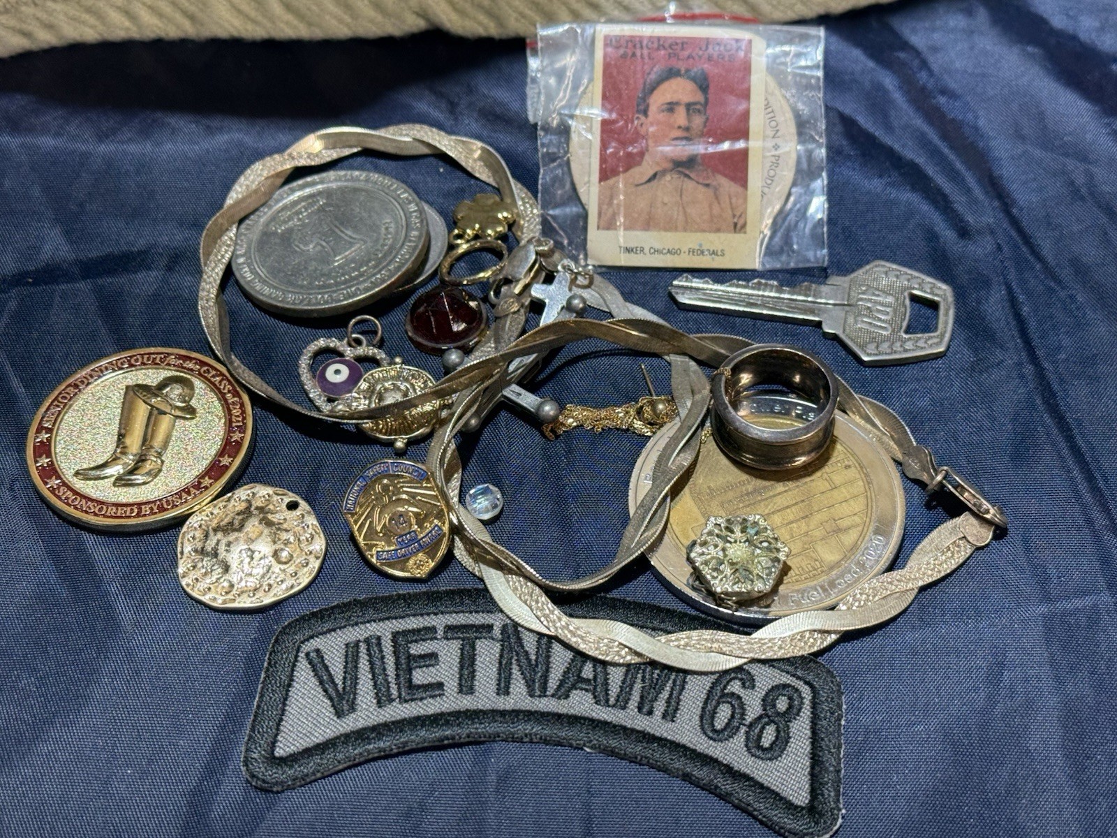 Vintage Junk Drawer Lot Vietnam 68 Patch Cracker Jack Card Coins Jewelry Tokens
