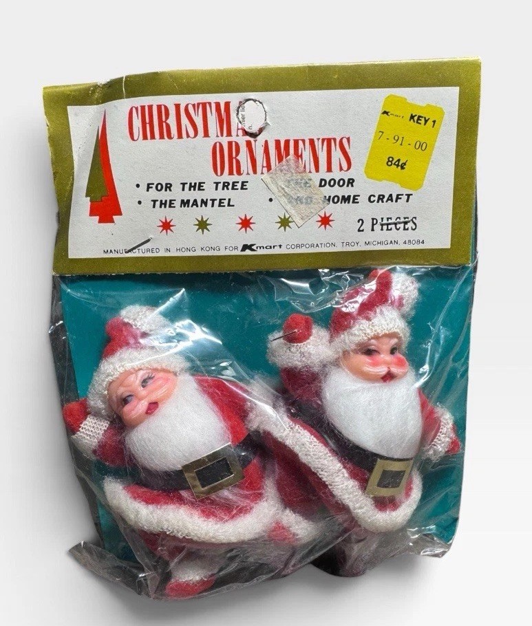 Vintage 1970s Kmart Santa Christmas Ornaments 2 Pc Hong Kong Original Package
