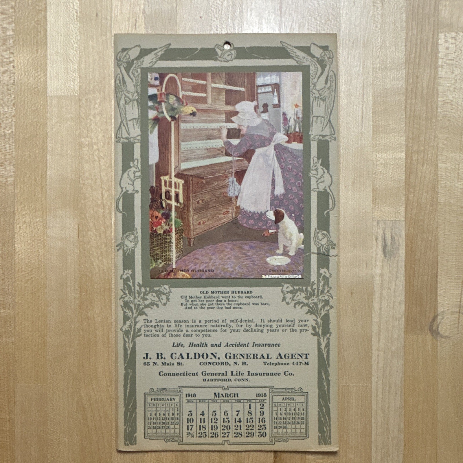 Antique 1918 Insurance Calendar Connecticut General Old Mother Hubbard Dog NH