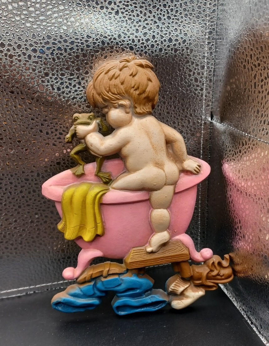 Sexton 1975 Boy With Frog Bare Butt Going Into Tub Bath Bathroom Wall Hanging