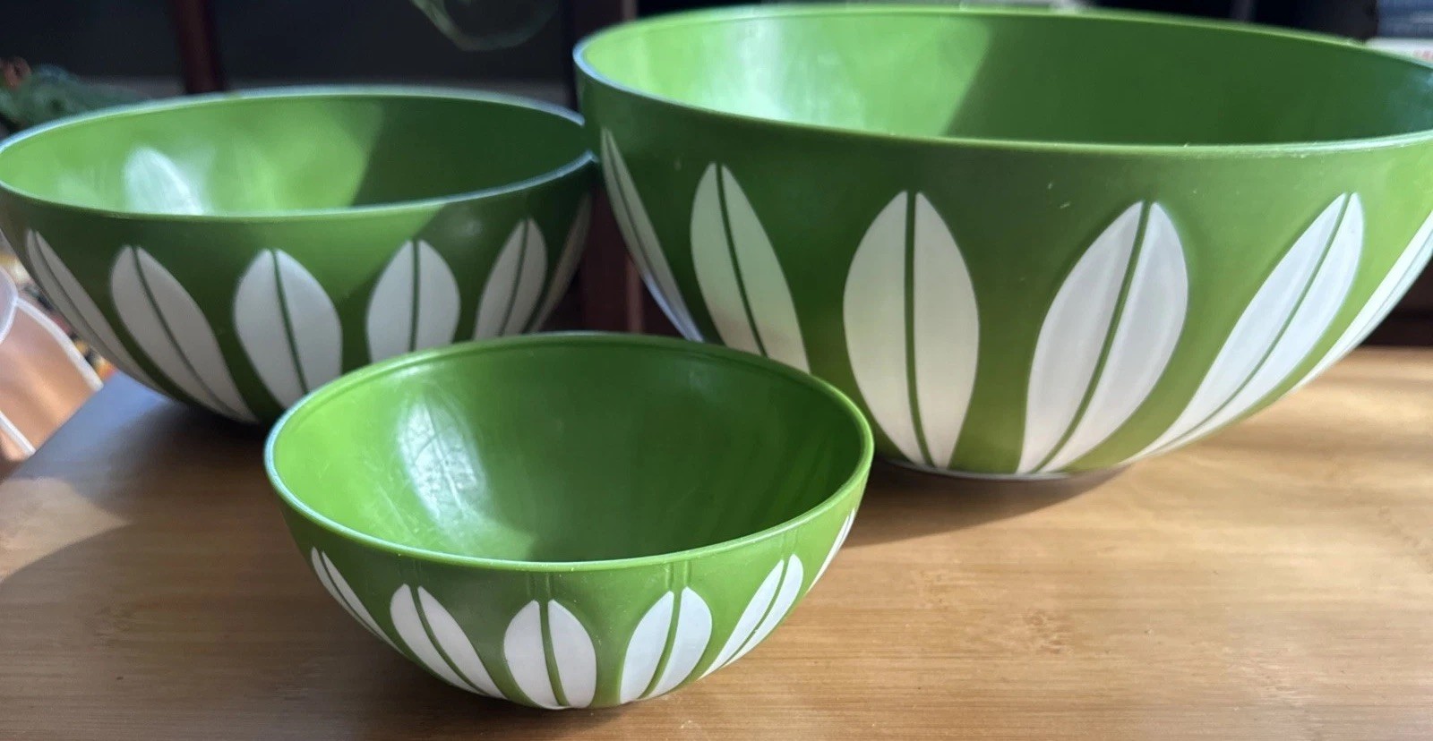 3 Vintage DEKA Green & White Lotus Mixing Bowl Plastic Cathrineholm 3 Vintage DEKA Green & White Lotus Mixing Bowl Plastic Cathrineholm