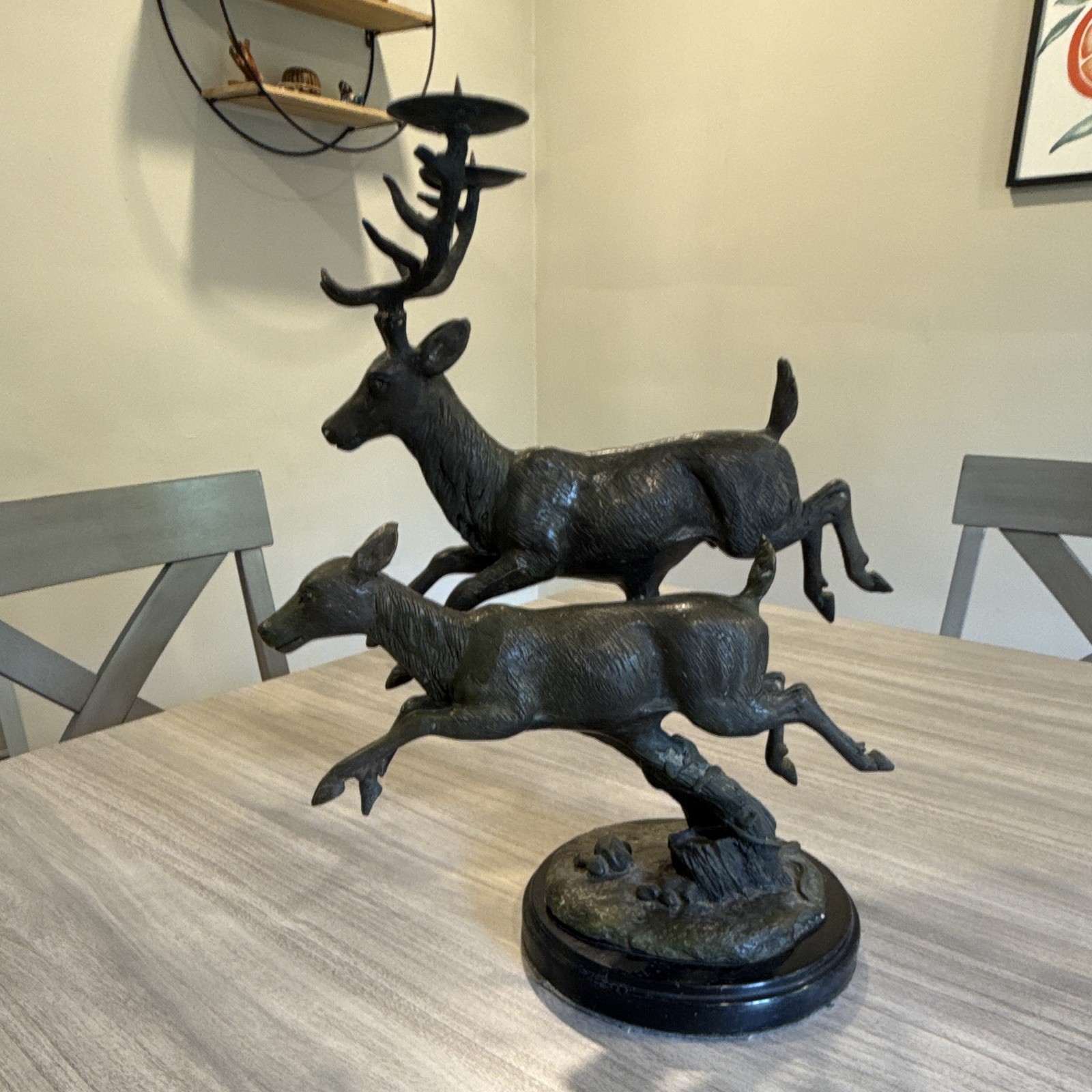 Antique Bronze Metal Deer Figurine Dual Candle Holder w/ 3D Effect Antique Bronze Metal Deer Figurine Dual Candle Holder w/ 3D Effect