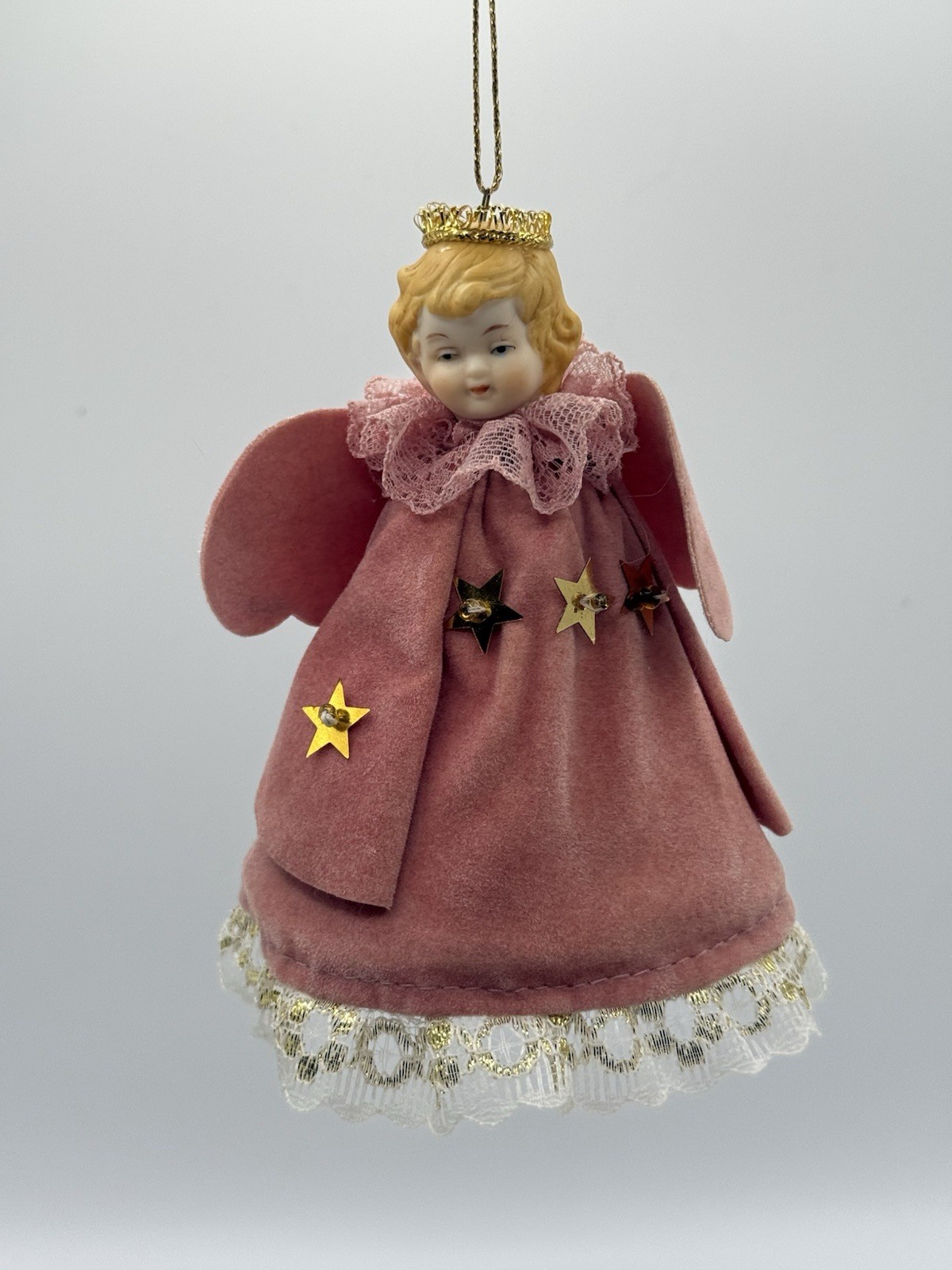 VTG MCM Pink Velvet Angel Christmas Hanging Ornament Ceramic Face 5.5\