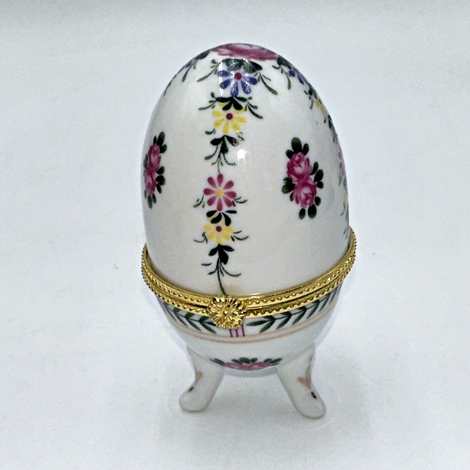 VTG Porcelain Footed Egg Shaped Trinket Jewelry Box Floral theme & Gold Trim 4\