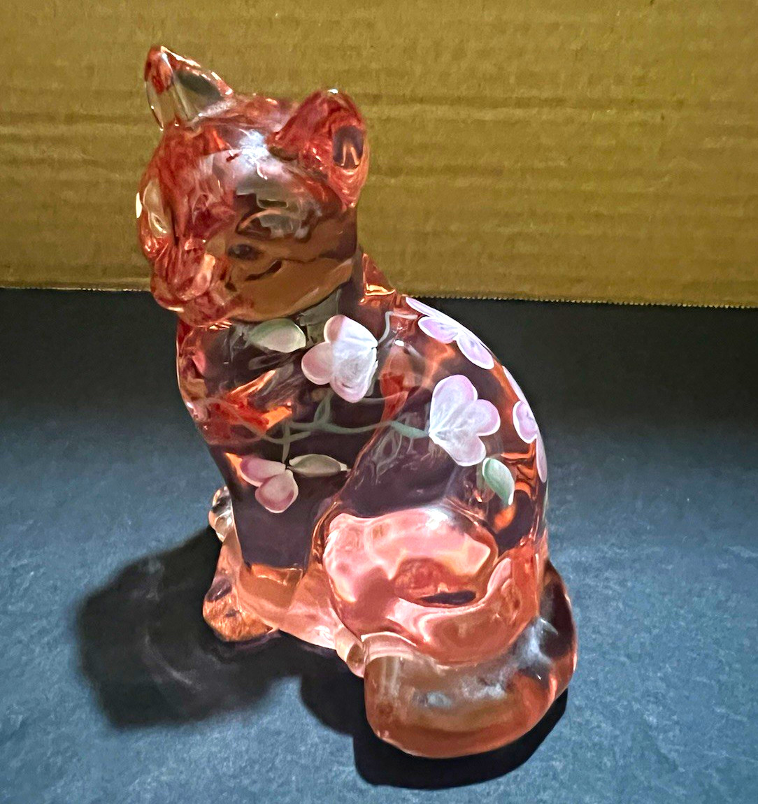 Fenton Art Glass Pink Glass Cat Figurine Hand Painted Floral Design