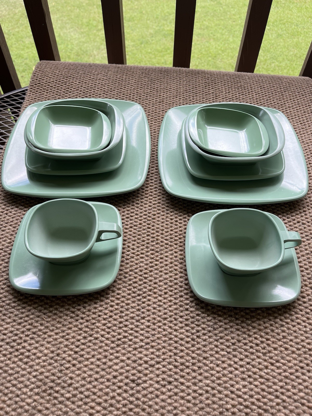 VINTAGE SEARS two sets Harmony House “Talk of the Town” Melmac Dishes Seafoam Gr VINTAGE SEARS two sets Harmony House “Talk of the Town” Melmac Dishes Seafoam Gr