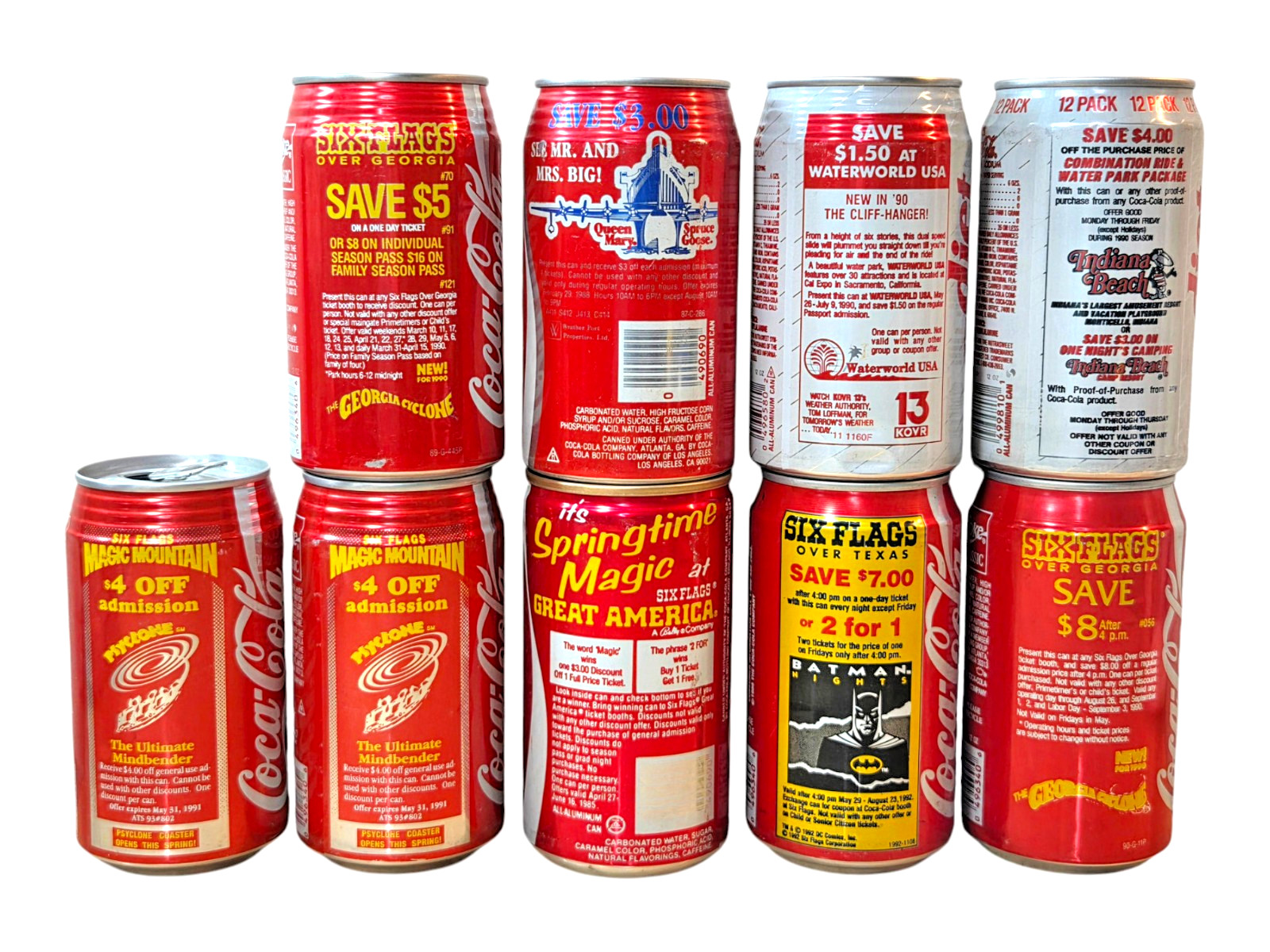 Vintage Coca-Cola Cans Lot (9) 1990s Six Flags Theme Park Waterworld Promos