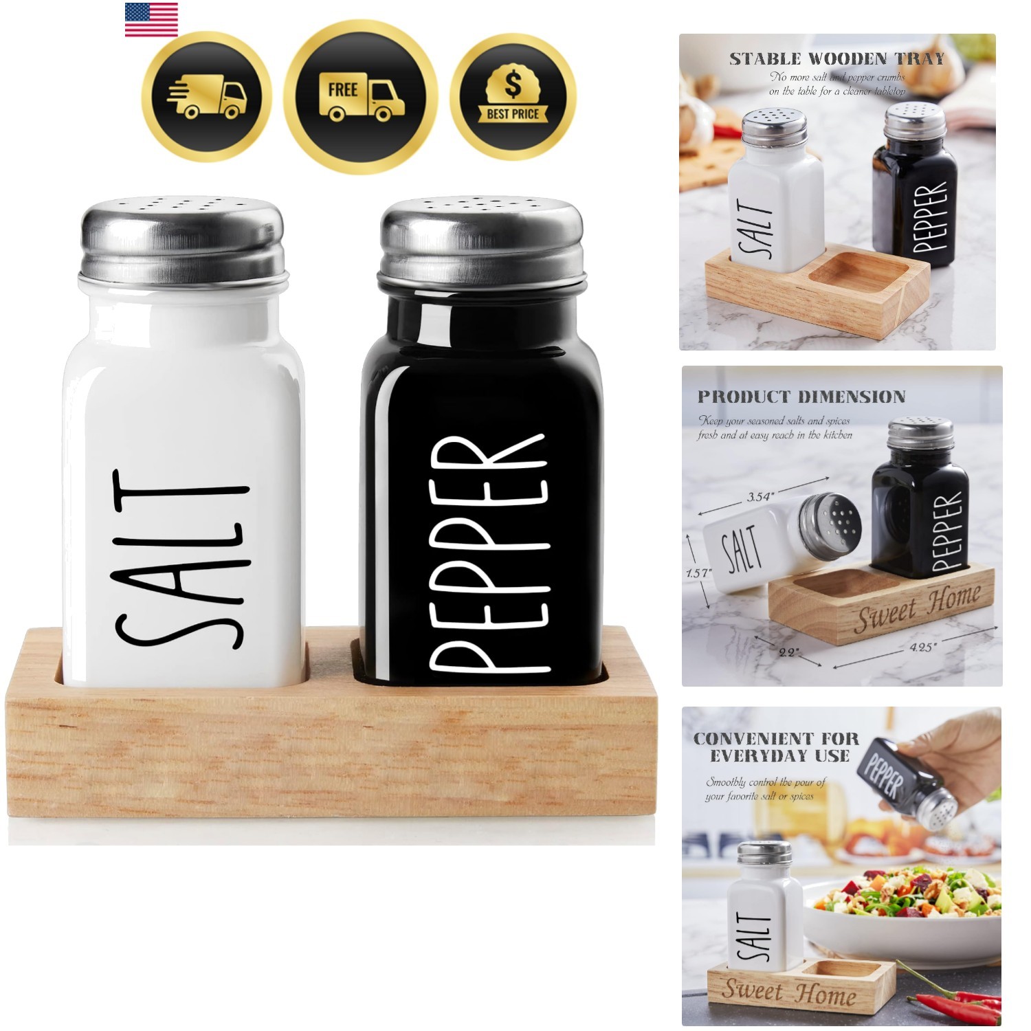 Salt and Pepper Shakers Set with Wooden Holder Glass Kitchen Decor Gift Salt and Pepper Shakers Set with Wooden Holder Glass Kitchen Decor Gift