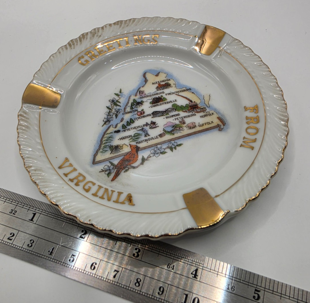 Vintage Virginia State Map Souvenir Ashtray Porcelain Gold Trim Cardinal Bird