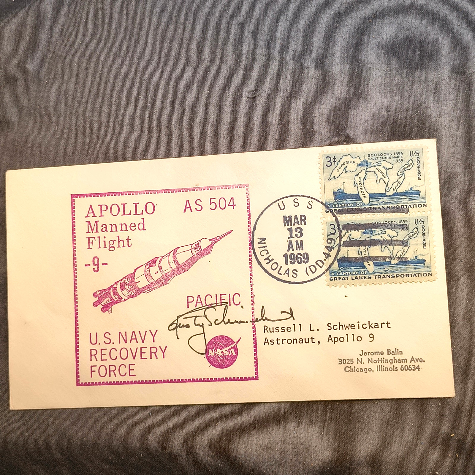 Apollo 9 Splashdown Cover USS Nicholas MAR 13 1969 Signed Rusty Schweickart Apollo 9 Splashdown Cover USS Nicholas MAR 13 1969 Signed Rusty Schweickart
