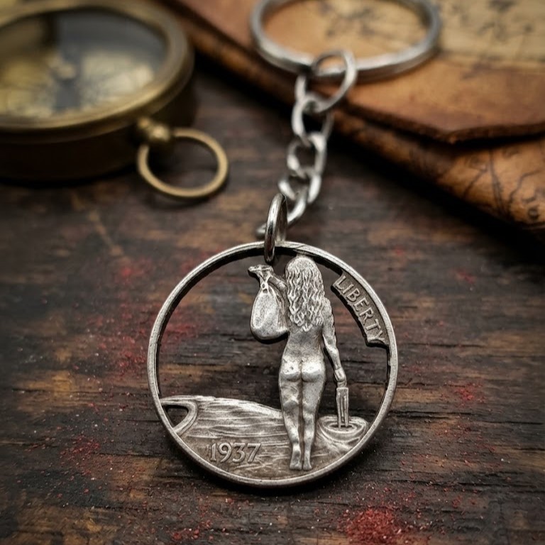1937 Hobo Nickel Cut Coin Keychain Woman Walking Down Train Tracks Custom Art