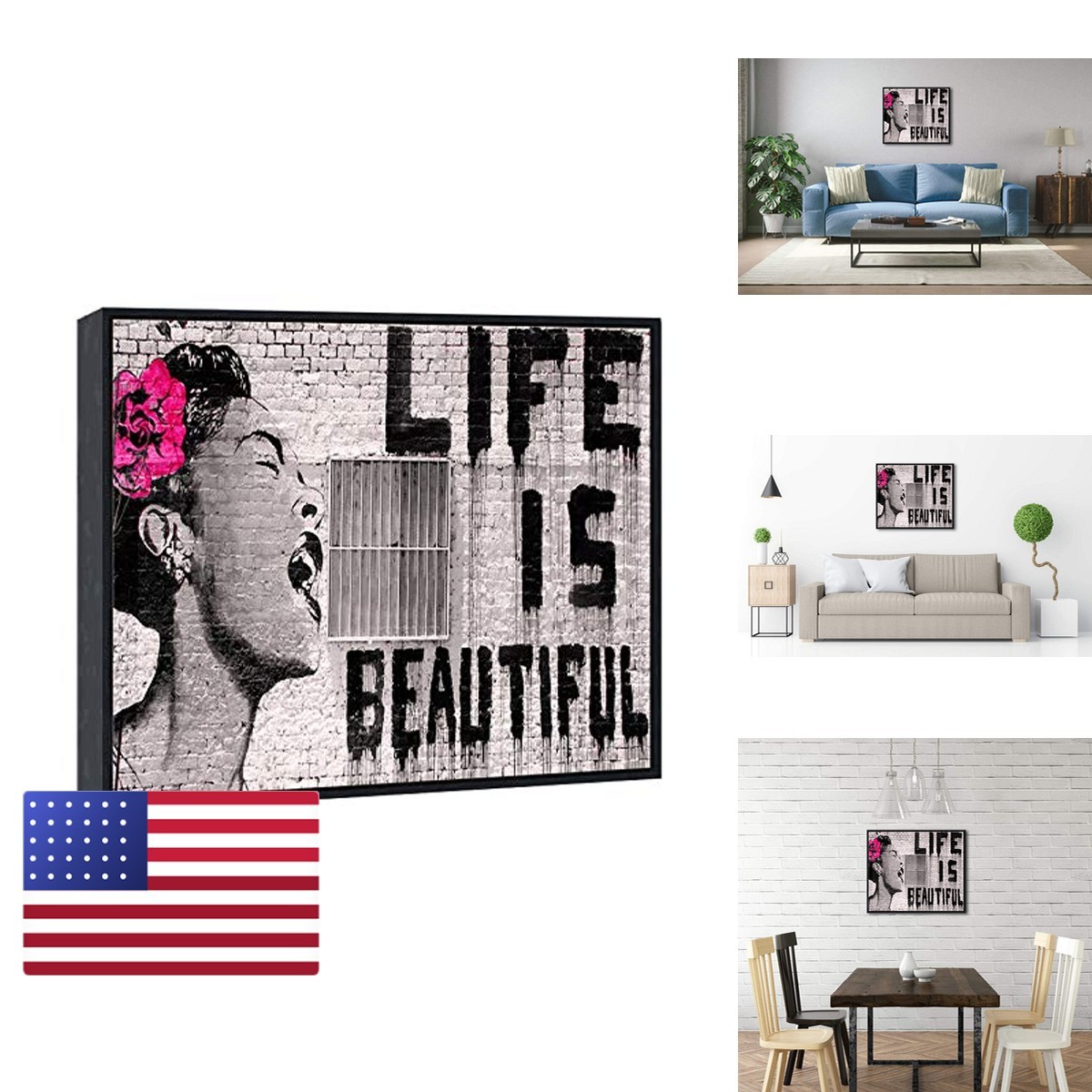 Wieco Art Banksy Life is Beautiful Canvas Print Black Frame BANKSY-2-5060-BF Wieco Art Banksy Life is Beautiful Canvas Print Black Frame BANKSY-2-5060-BF