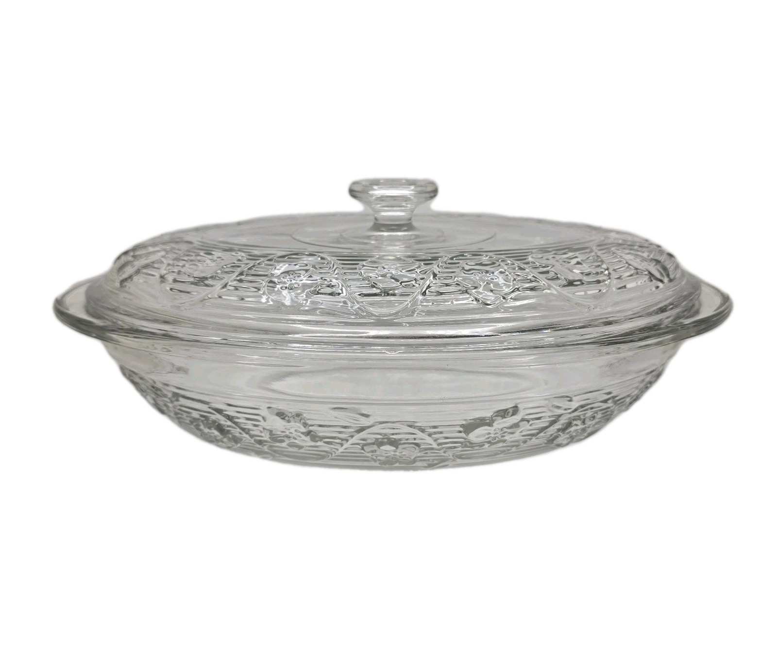 Vtg Oval Pressed Glass Floral  Casserole Serving Dish Clear Anchor Hocking 3 Qt