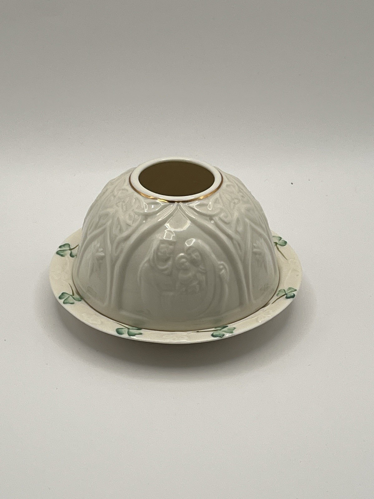 Belleek Shamrock Lithophane Candle Votive Holder Holy Family 2000 Ireland VTG
