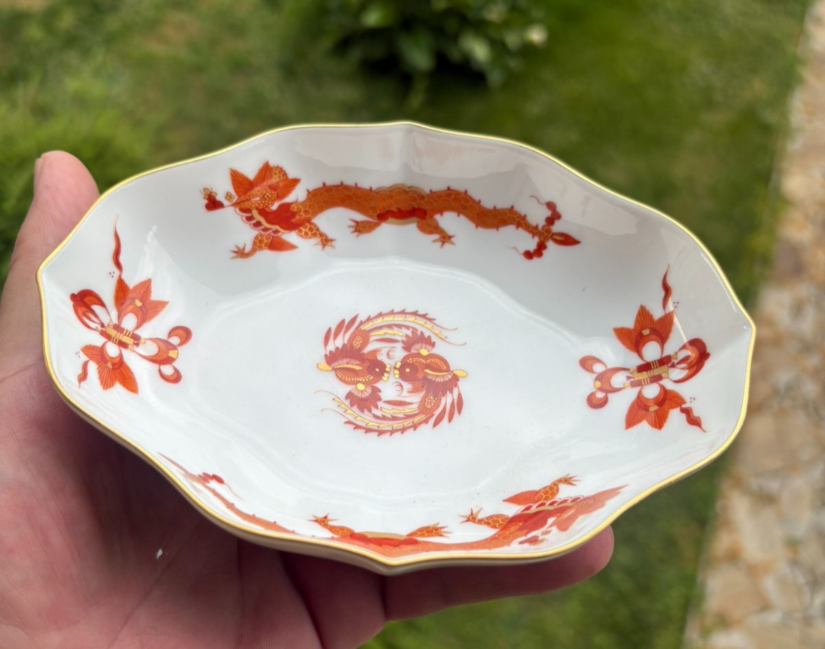 Antique Meissen Porcelain Dish Red Dragon & Phoenix Hand Painted 1934 Germany