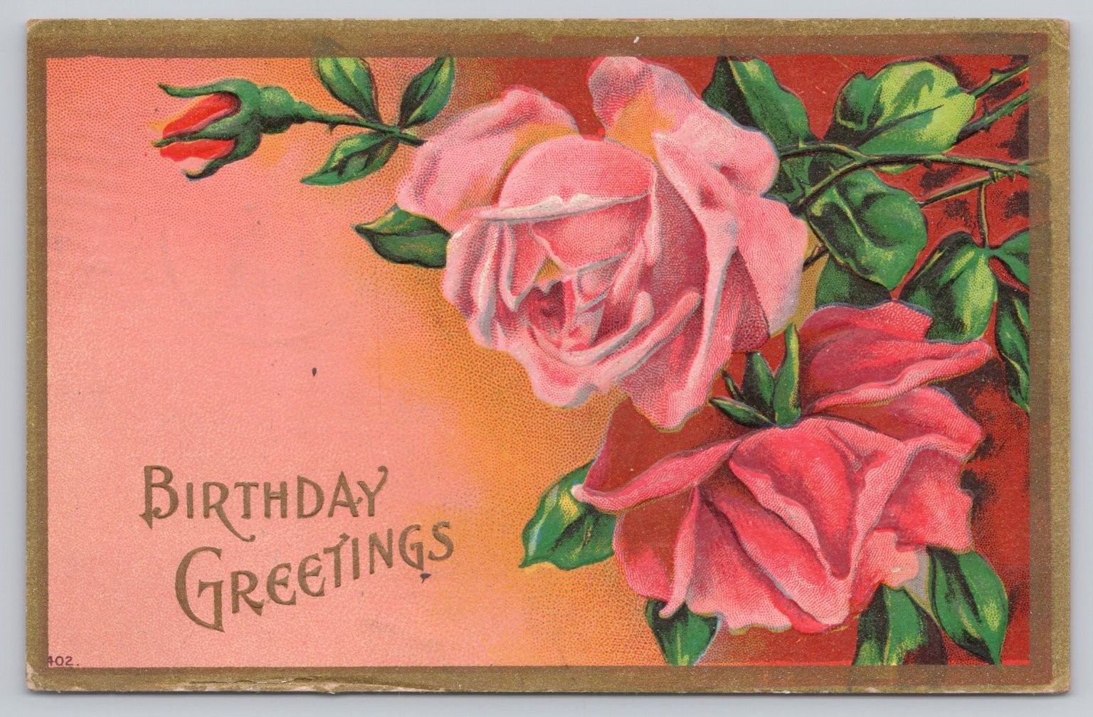1909 Embossed Birthday Greetings Postcard Pink Roses Bloomville OH Postmark