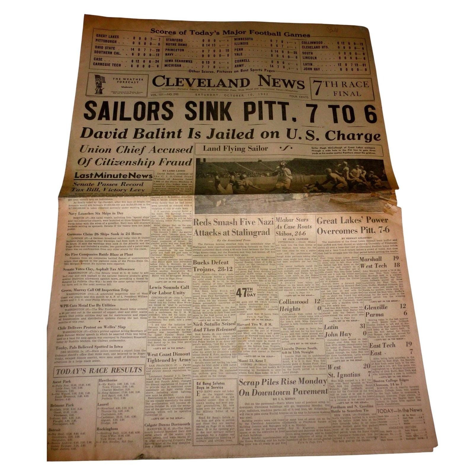Vintage Oct 10 1942 Cleveland News Newspaper WWII Stalingrad Football Final Vintage Oct 10 1942 Cleveland News Newspaper WWII Stalingrad Football Final