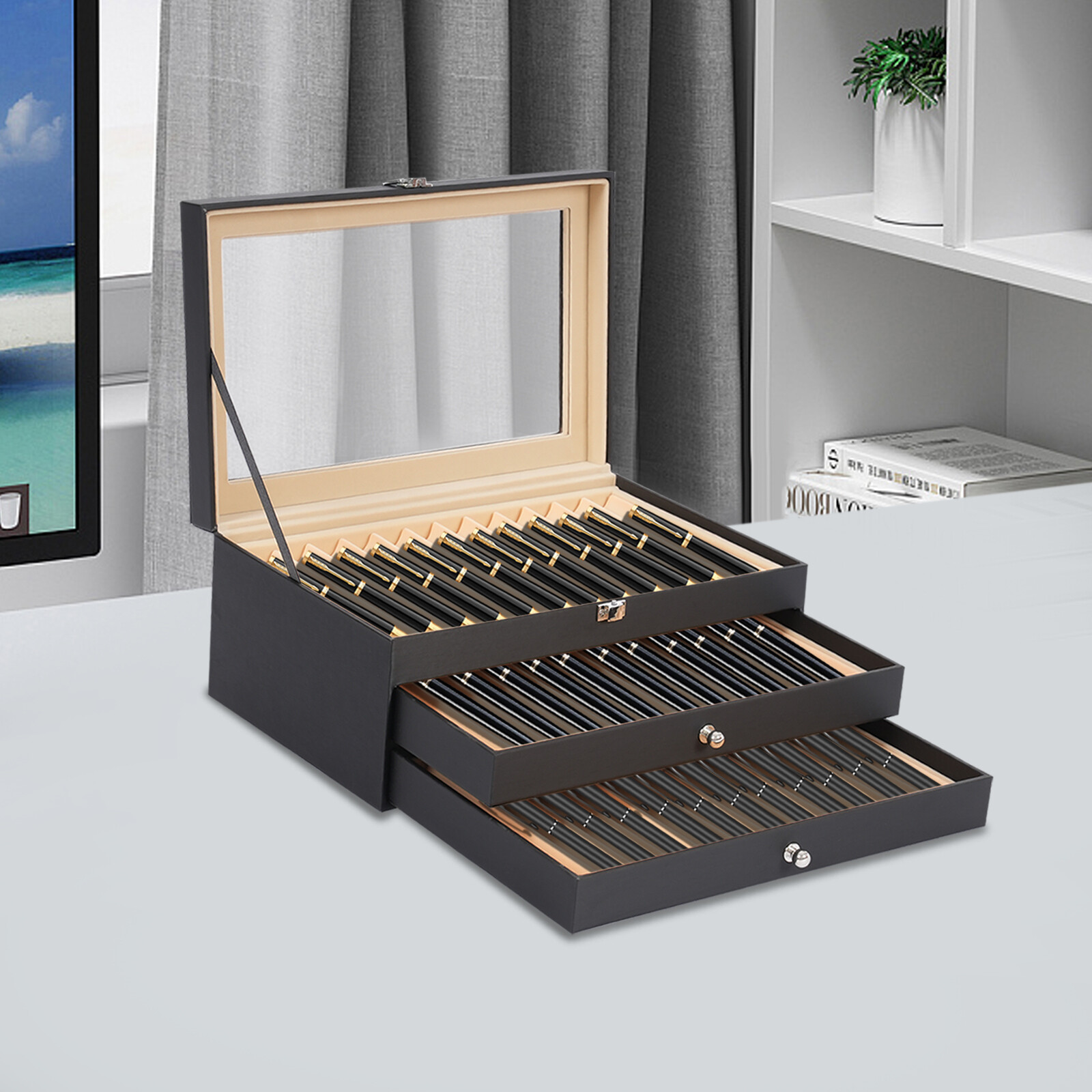 36 Slot Pu Leather Fountain Pen Display Box Organizer with Drawer