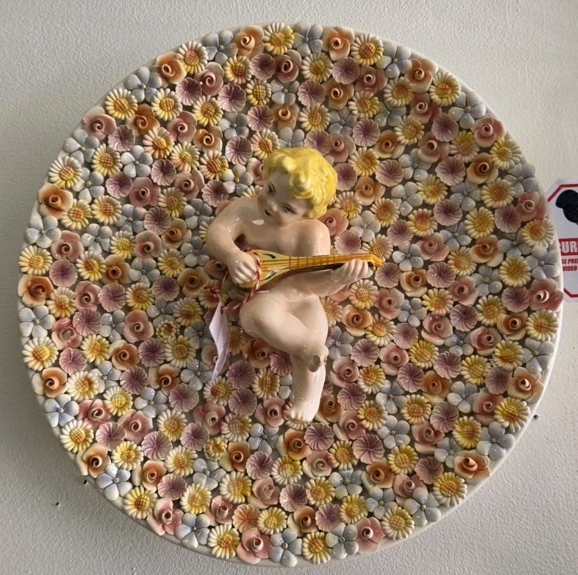 Vintage Italian Ardalt Dresden Large Plate Cheryb Mandolin Flowers Wall Hanging Vintage Italian Ardalt Dresden Large Plate Cheryb Mandolin Flowers Wall Hanging