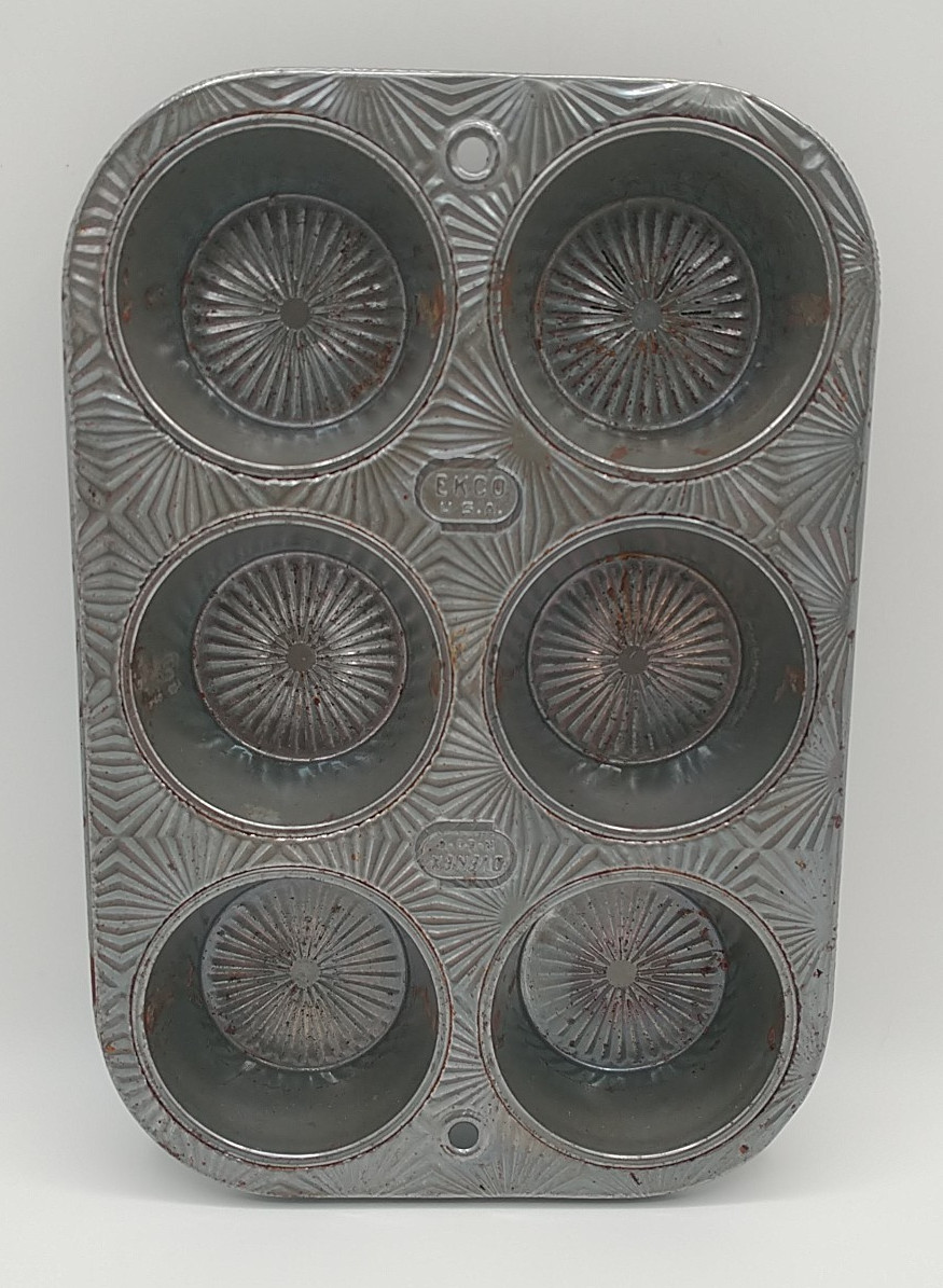 VTG EKCO Ovenex 6 Muffin Pan Art Deco Starburst Pattern 10-1/2\ VTG EKCO Ovenex 6 Muffin Pan Art Deco Starburst Pattern 10-1/2\
