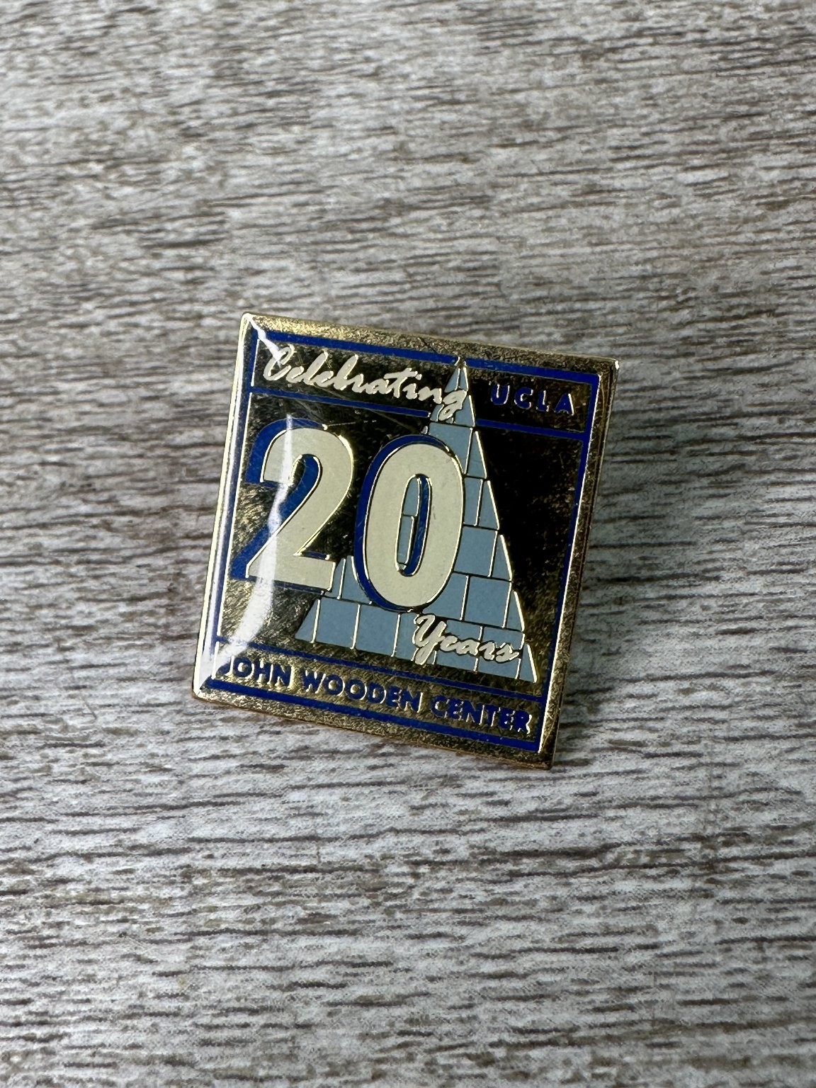 UCLA John Wooden Center Pinback Button 20 Years Square 2003 UCLA John Wooden Center Pinback Button 20 Years Square 2003