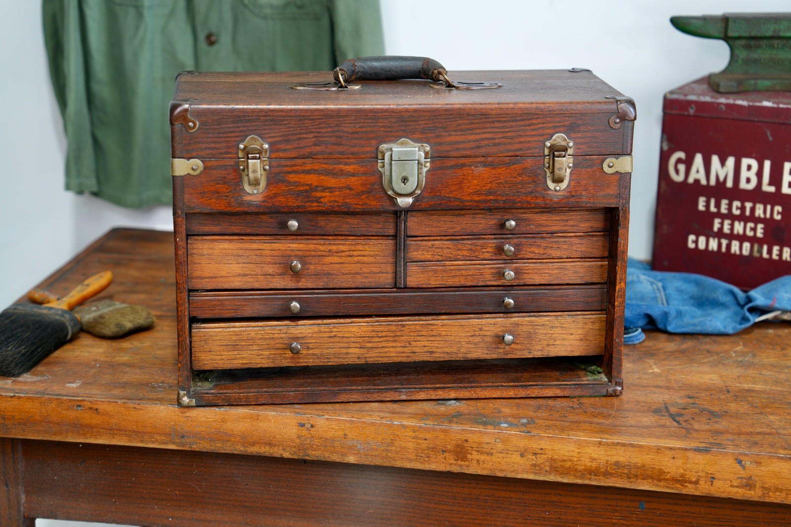 Antique National Machinist tool box 7 drawer Oak Wood Jewelry Case Vintage