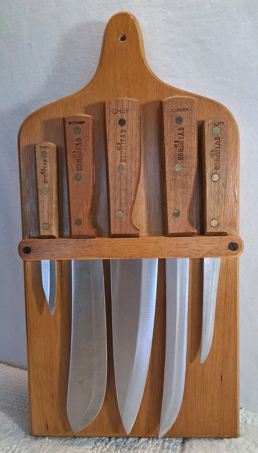 Vintage Set of Five Old Homestead Knives Sharp Clean Blonde Wood Rack Vintage Set of Five Old Homestead Knives Sharp Clean Blonde Wood Rack