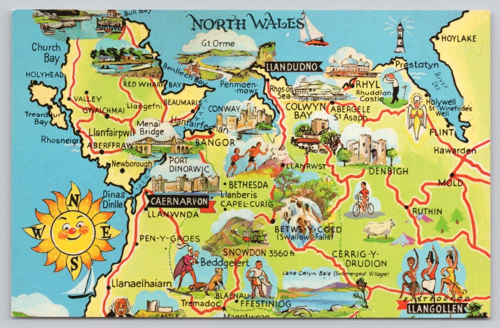 North Wales UK Pictoral Map, Landmarks & Attractions, Vintage Postcard